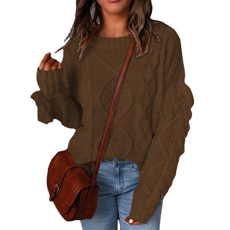 Damen Grobstrick-Pullover mit Zopfstruktur, fransigen Ärmeln und legerer Oversize-Passform Drune