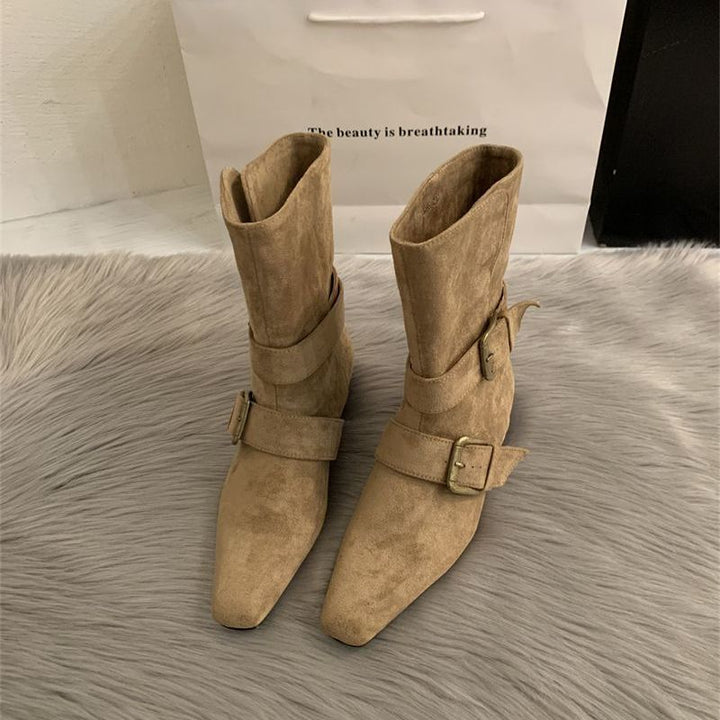 Damen Biker-inspirierte Mid-Boots aus Velourslederoptik mit spitzer Kappe und verstellbaren Gürtelschnallen Drune