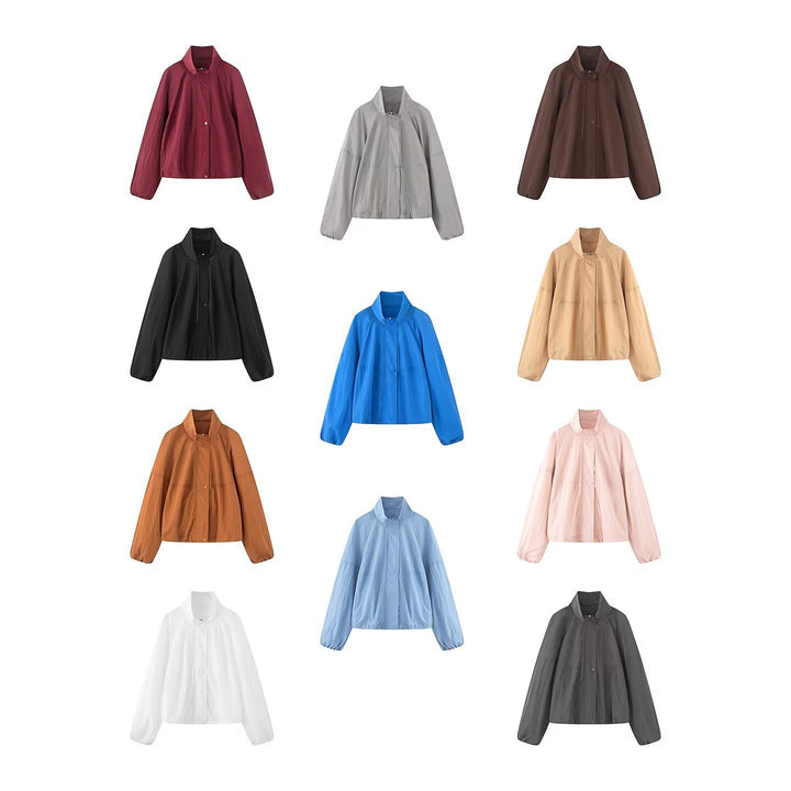 Damen Leichte Oversize-Blousonjacke aus Nylon mit Stehkragen, Kordelzug und Druckknopfverschluss Drune