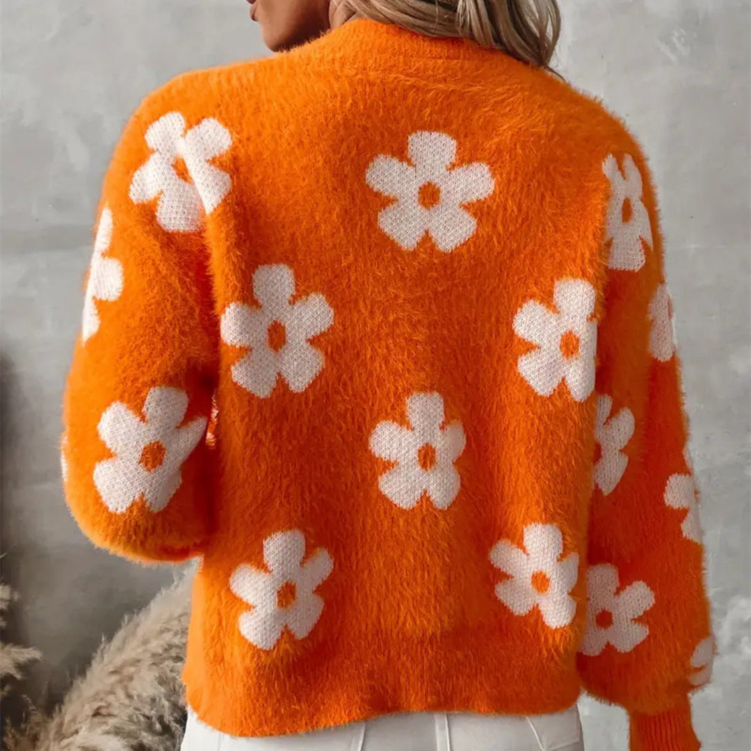 Damen Flauschiger Cardigan mit Blumenmuster Drune