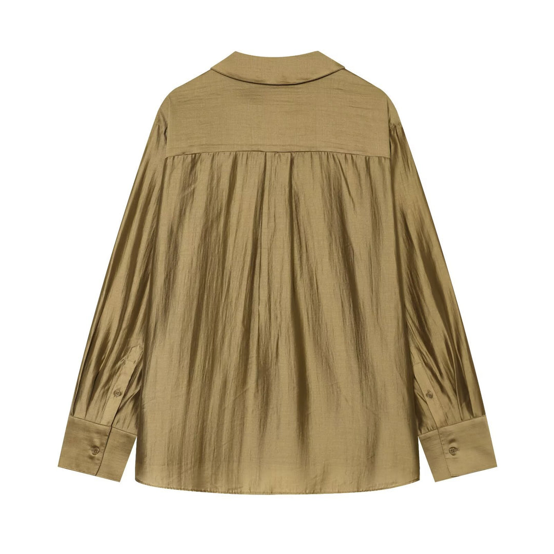 Damen Oversize Tunika Bluse aus schimmernder Crêpe‑Optik mit Hemdkragen und V‑Ausschnitt Drune
