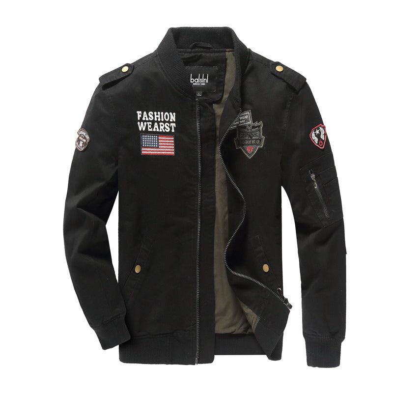 Herren nan militärisch inspirierte Bomberjacke mit gestickten Patches, Ärmel-Tasche und elastischen Rippbündchen Drune