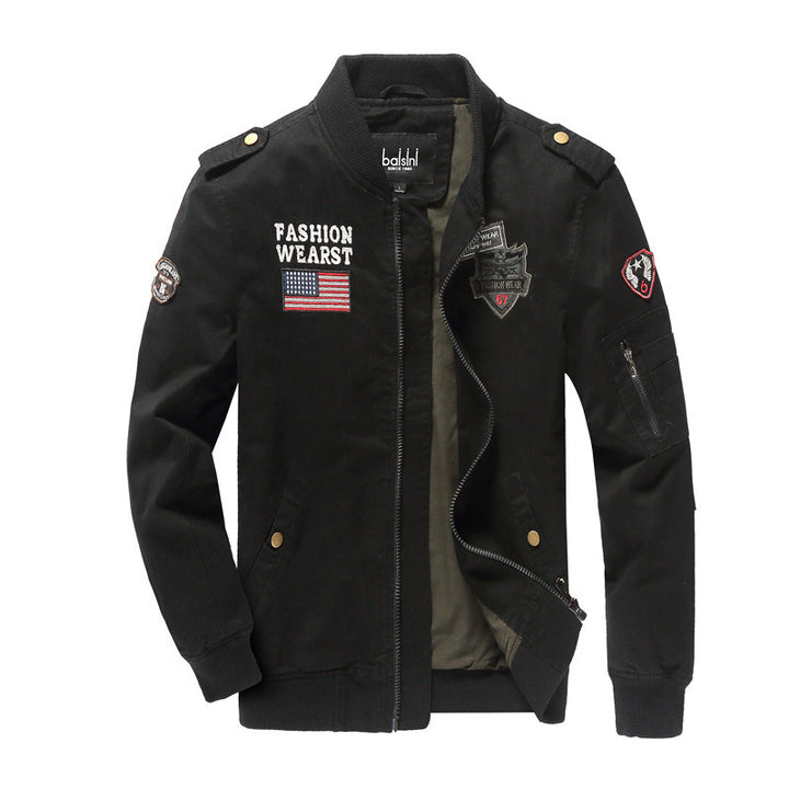 Herren nan militärisch inspirierte Bomberjacke mit gestickten Patches, Ärmel-Tasche und elastischen Rippbündchen Drune