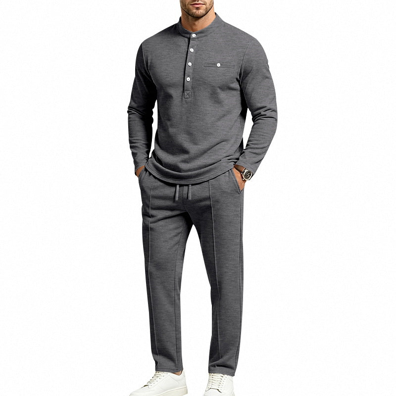 Herren Zweiteiliges Freizeitset mit Henley-Langarmshirt, Stehkragen und Komfort-Jogginghose Drune