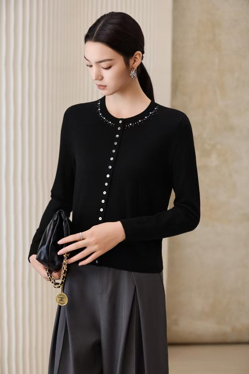 Damen Feiner Feinstrick-Cardigan mit Perlendekor am Rundhalsausschnitt Drune
