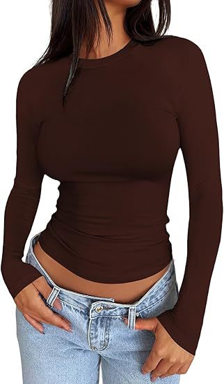 Damen Körpernahes Langarmshirt im Cropped-Look mit verlängerten Ärmeln und Daumenloch Drune
