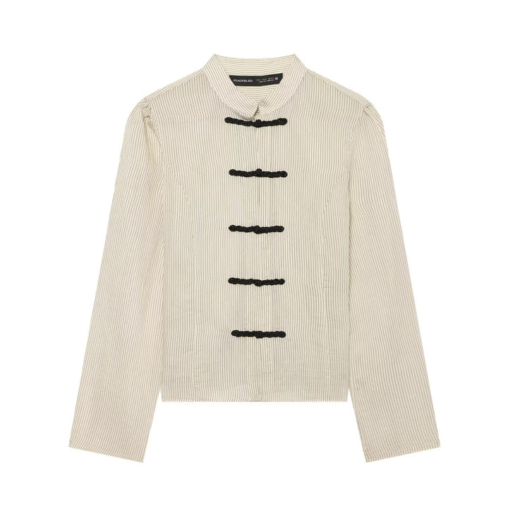 Damen Kurzjacke mit Stehkragen, chinesischen Kordelverschlüssen und Nadelstreifen Drune