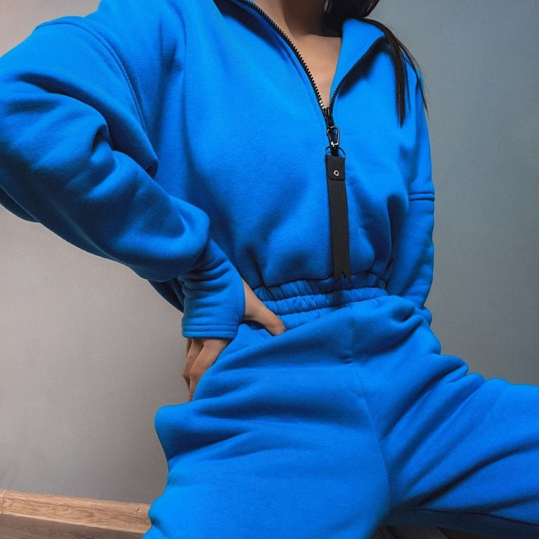 Damen taillierter Sweat-Jumpsuit mit halbem Reißverschluss, elastischem Bund und Kängurutaschen Drune