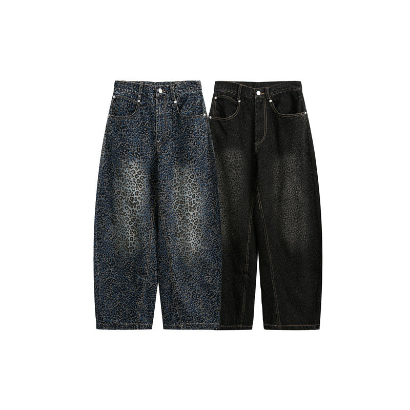 Damen Kurzgeschnittene Weite Jeans mit hoher Taille und Leopardenmuster Drune