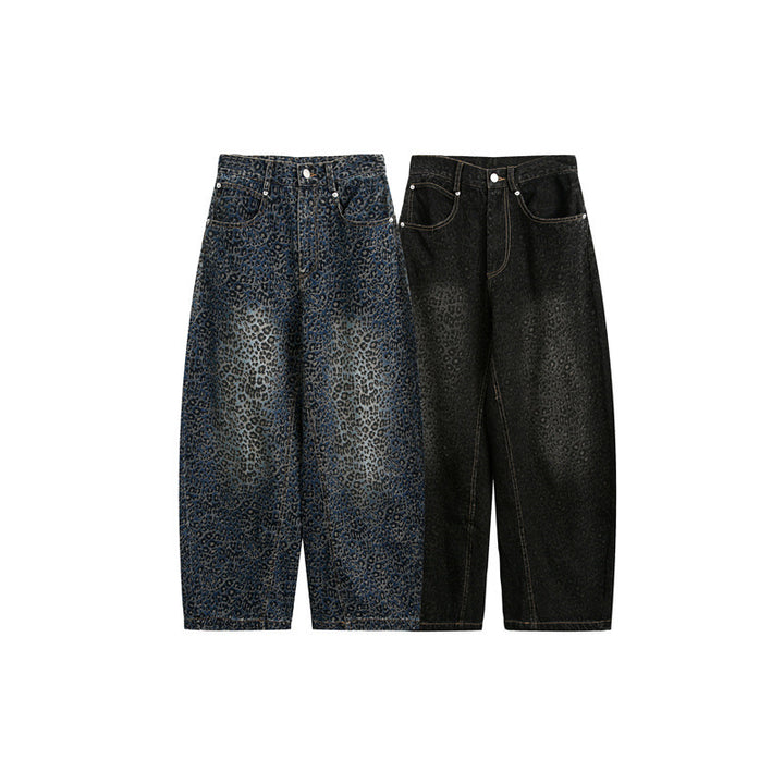 Damen Kurzgeschnittene Weite Jeans mit hoher Taille und Leopardenmuster Drune