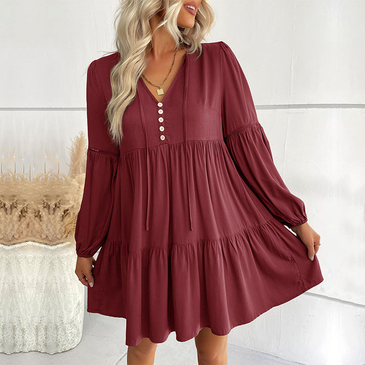 Damen Weiches Stufen-Minikleid mit V-Ausschnitt, Knopfleiste und Ballonärmeln Drune
