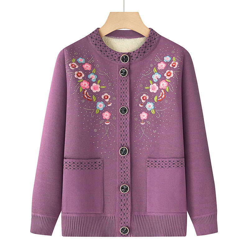 Damen nan bestickte Strickjacke mit Rundhals, aufgesetzten Taschen und dekorativer Knopfleiste Drune
