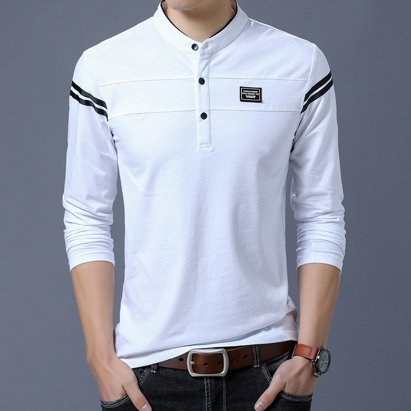 Herren Slim-Fit Langarm-Henley mit Stehkragen und Schulterstreifen Drune