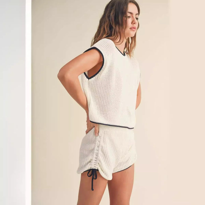 Damen Strickshorts-Set mit kontrastierenden Details und lockerem Schnitt Drune
