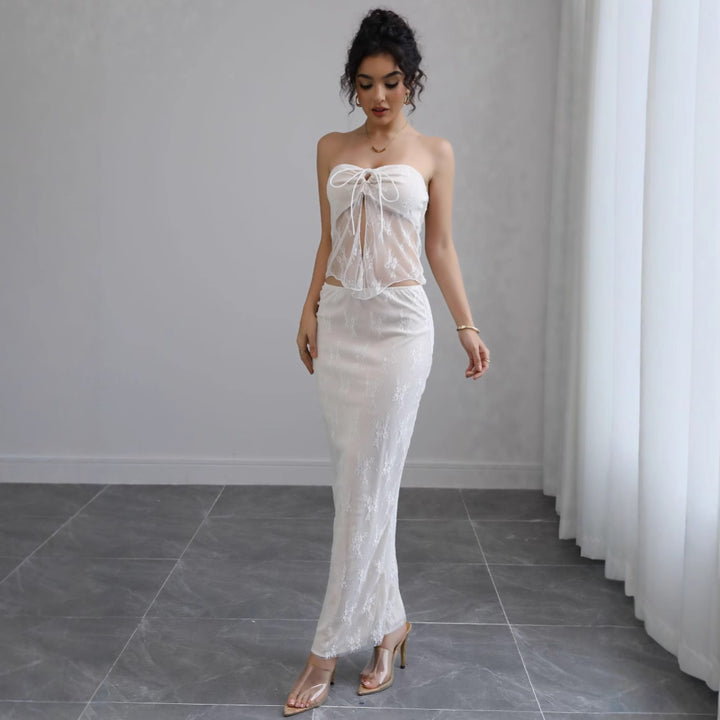 Damen Off-Shoulder Maxikleid mit feiner Spitze und elegantem Bund Drune