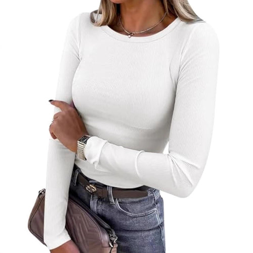 Damen Schmalgeschnittenes Ripp-Longsleeve mit Rundhalsausschnitt und Stretch-Baumwollmix Drune