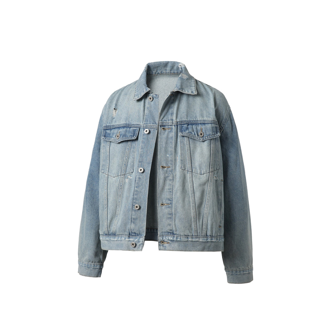 Unisex Oversized Jeansblouson mit Used‑Look, kastigem Schnitt und Brustklappen Drune