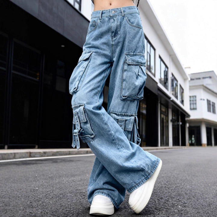 Damen Weite Cargo-Jeanshose mit mehreren aufgesetzten Taschen und Utility-Details Drune