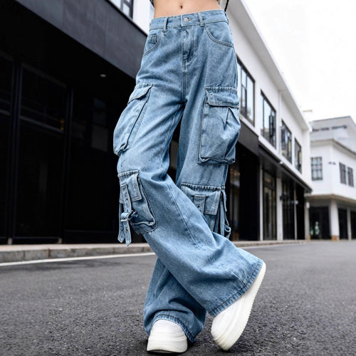 Damen Weite Cargo-Jeanshose mit mehreren aufgesetzten Taschen und Utility-Details Drune