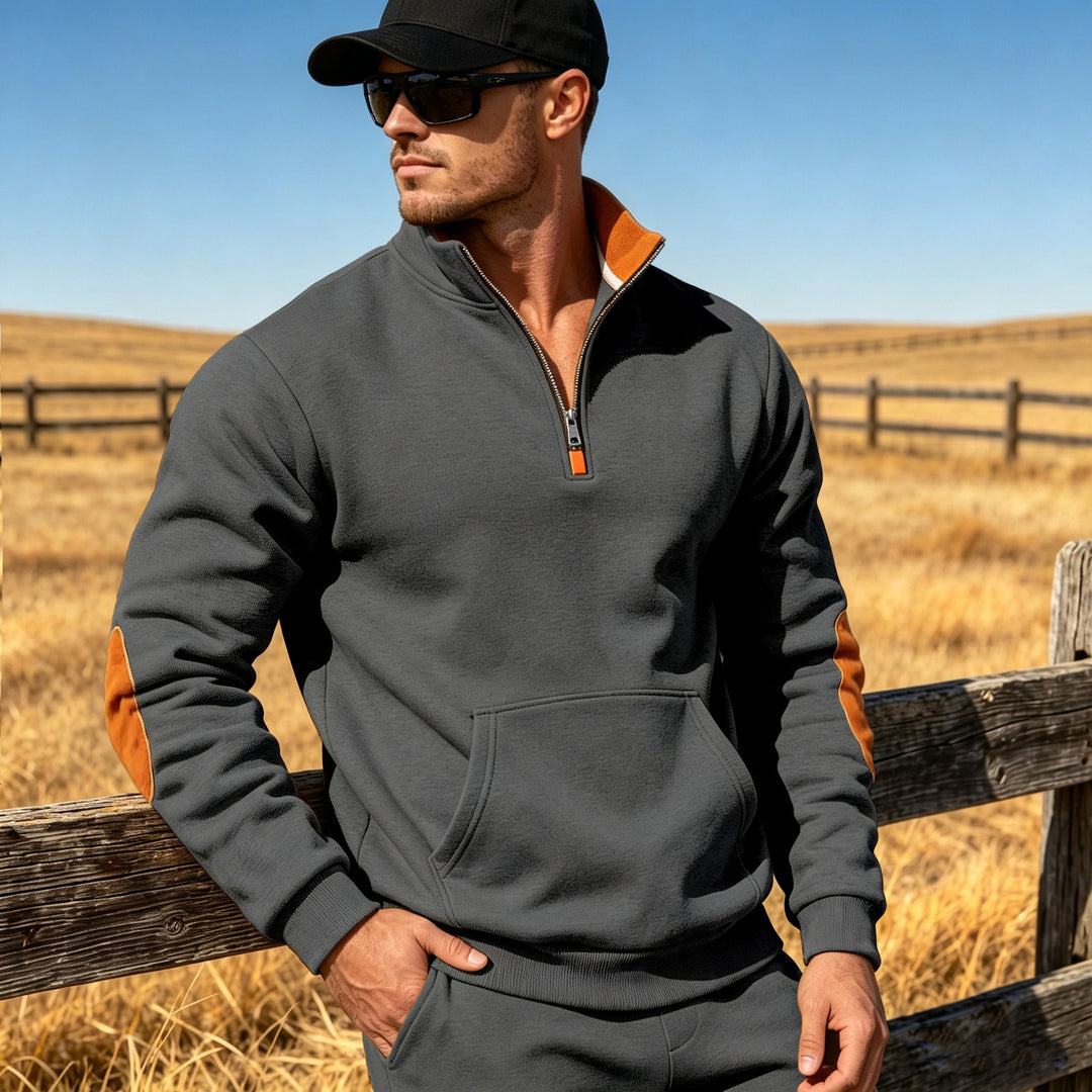 Herren Athletisches Halbzip-Sweatshirt mit Ellenbogenpatches und Kängurutasche Drune