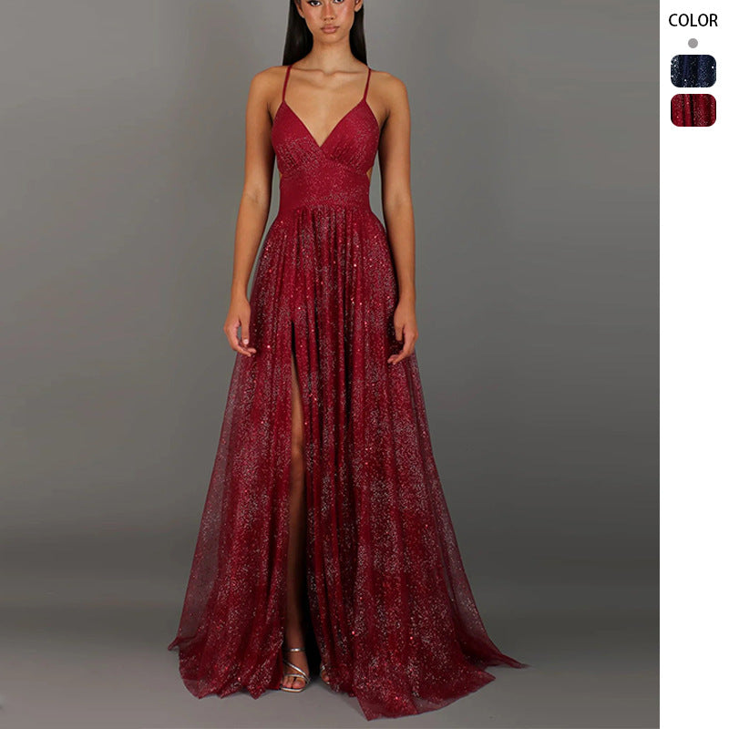Damen Elegantes Abendkleid mit glamourösem V-Ausschnitt und funkelndem Tüll Drune