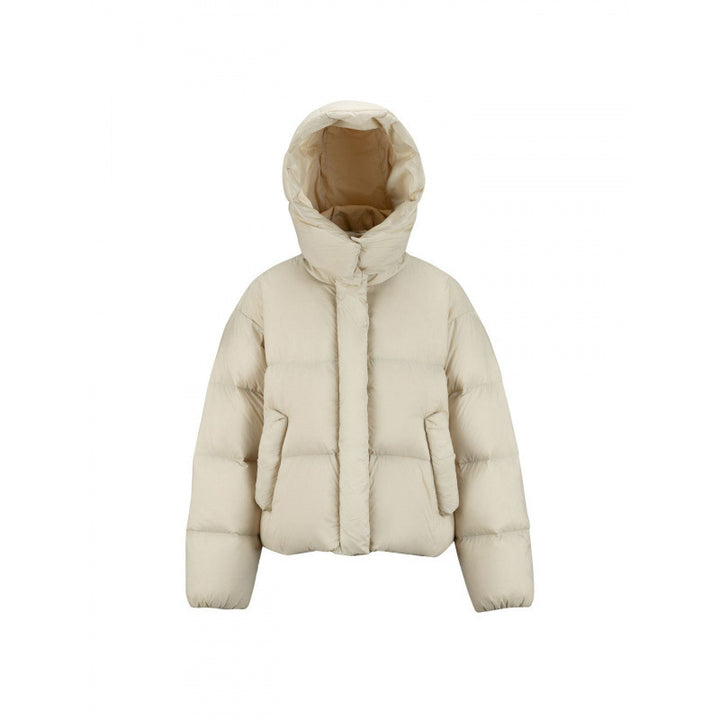 Damen Kurz gepolsterte Crop‑Steppjacke mit Volumen‑Kapuze und verdeckter Druckknopfleiste Drune