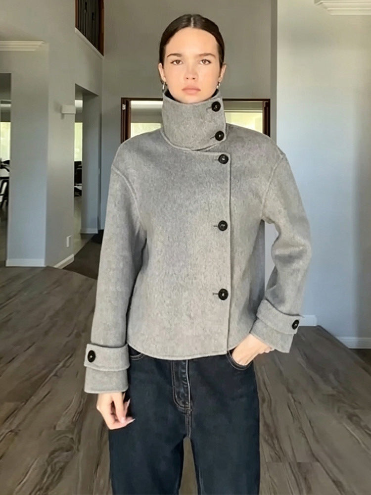 Damen Kurzer Wollmix-Mantel mit asymmetrischer Knopfleiste und hohem Stehkragen Drune