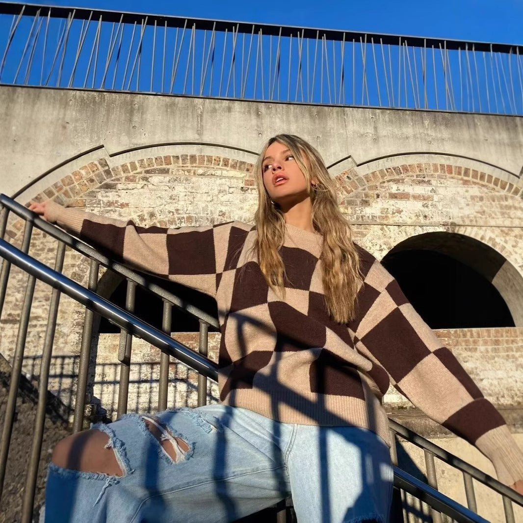 Damen modischer Pullover mit grafischem Karomuster und Rundhalsausschnitt Drune
