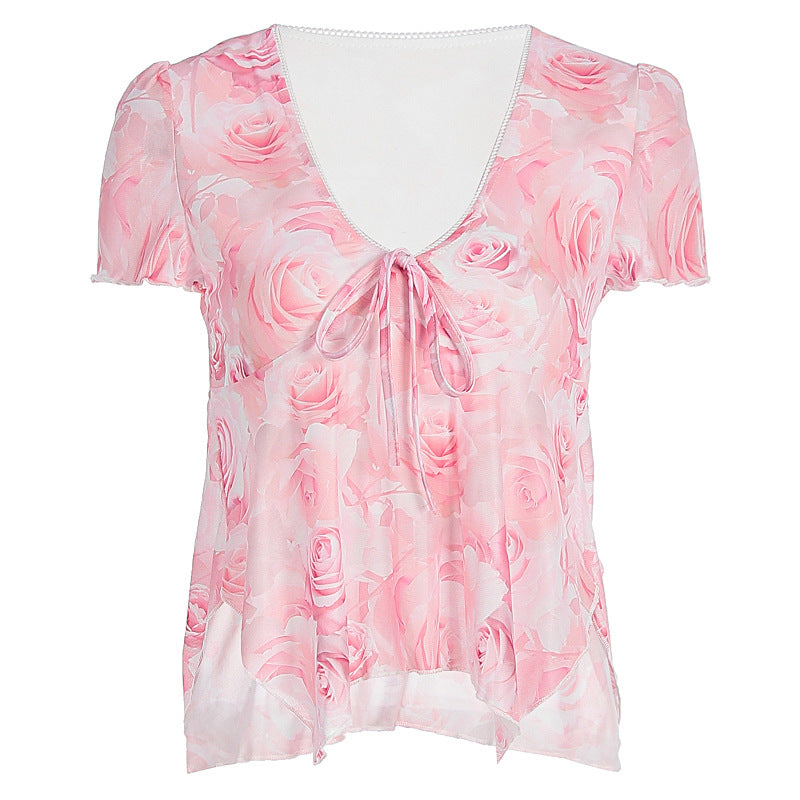 Damen Bluse mit romantischem Rosenmuster und zartem Bindegürtel Drune