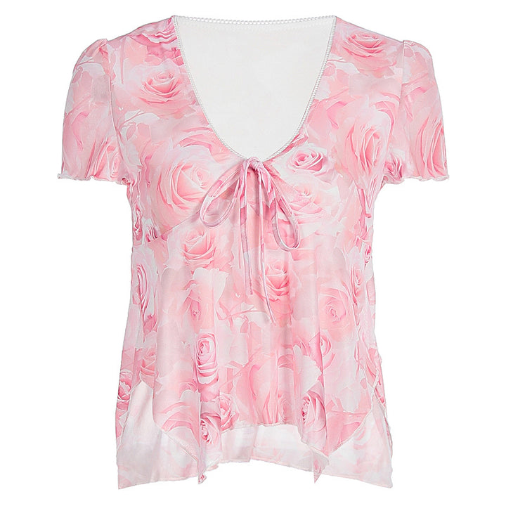 Damen Bluse mit romantischem Rosenmuster und zartem Bindegürtel Drune
