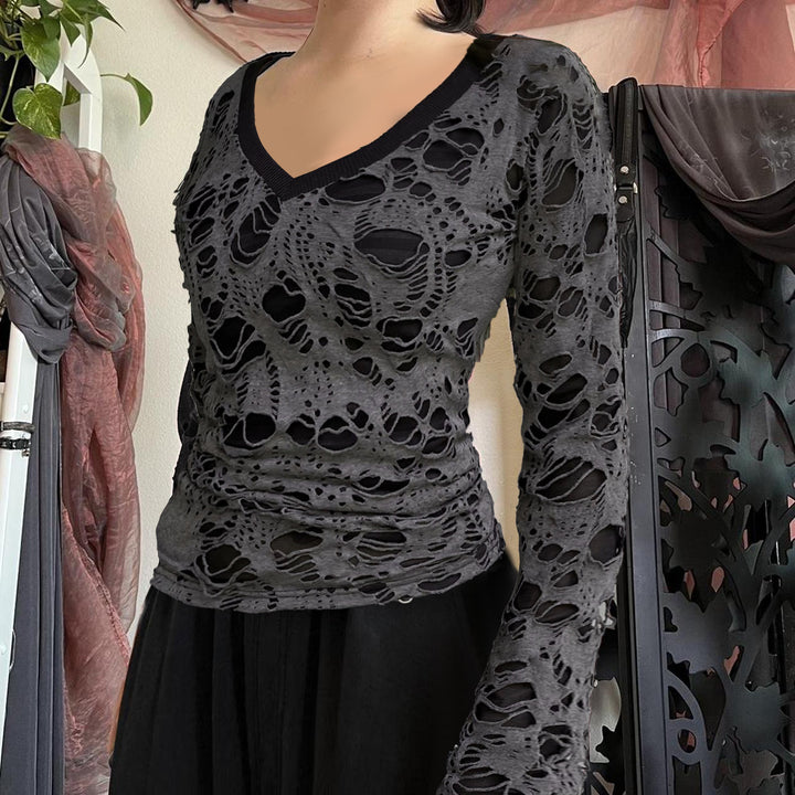 Damen nan transparentes Distressed-Spitzenshirt mit V-Ausschnitt, langärmeligem Layer-Look und innenliegendem Cami Drune