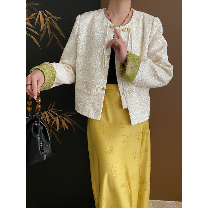 Damen Elegante Bouclé-Jacke mit Pailletten und kontrastierenden Ärmeln Drune