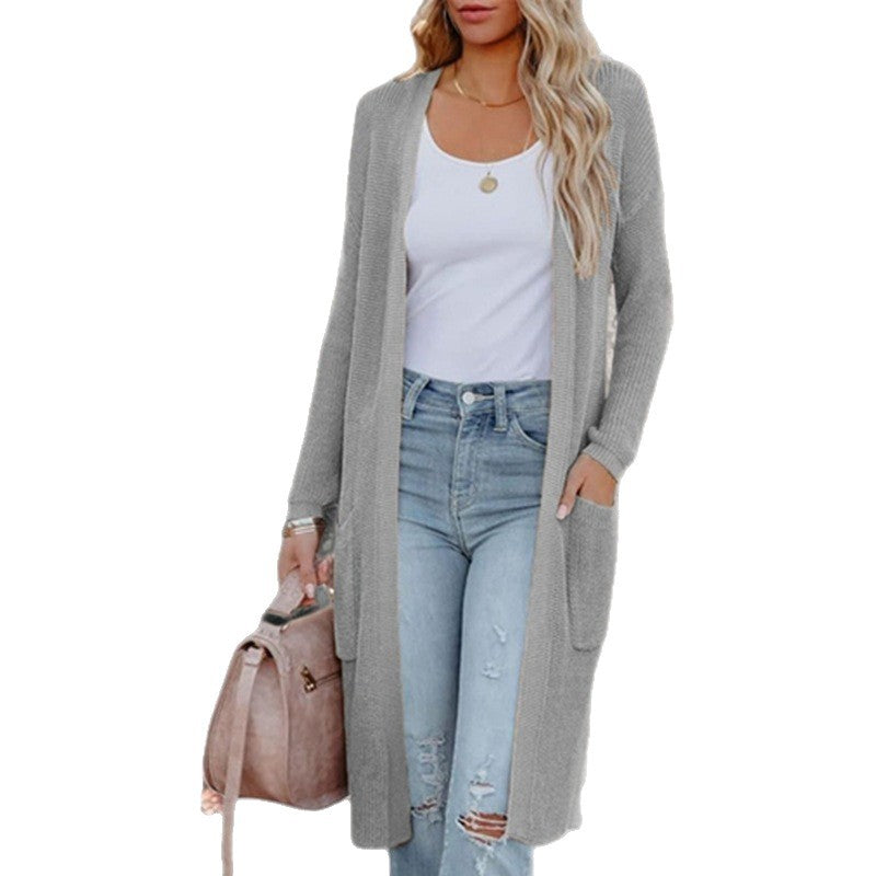 Damen Langer Strickcardigan mit praktischen Taschen und offenem Design Drune