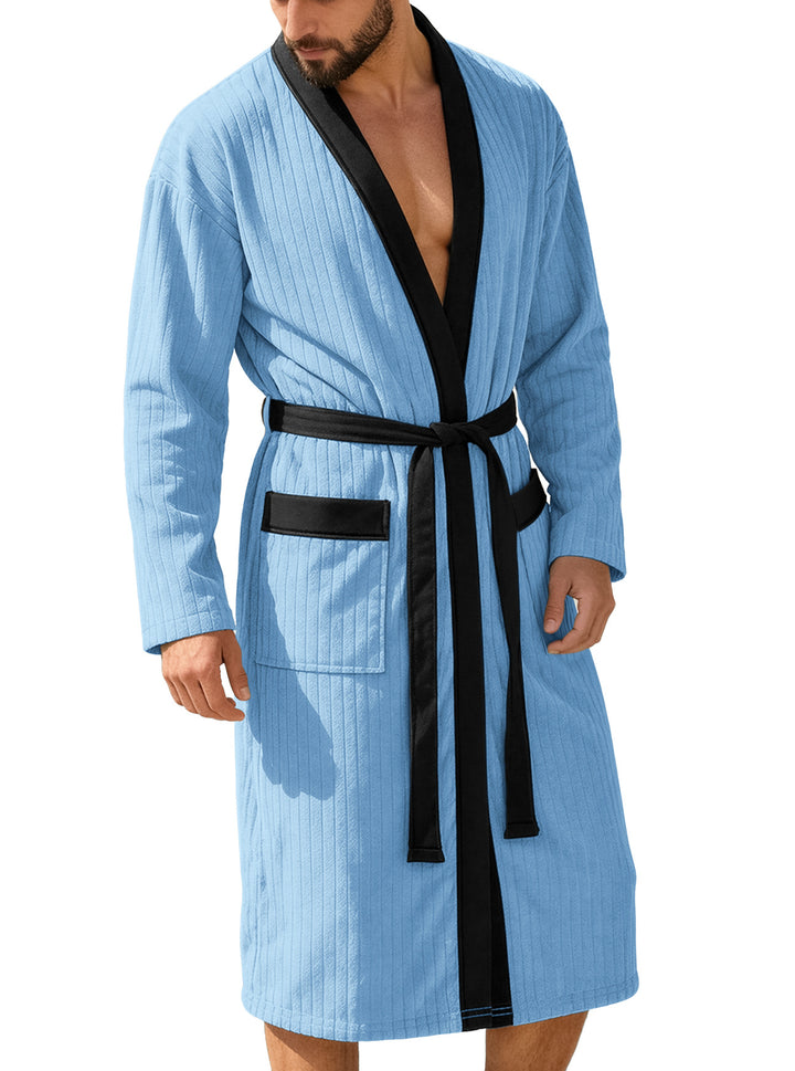 Herren nan wadenlanger Rippen-Bademantel im Kimono-Stil mit Schalkragen und Kontrastpaspel Drune