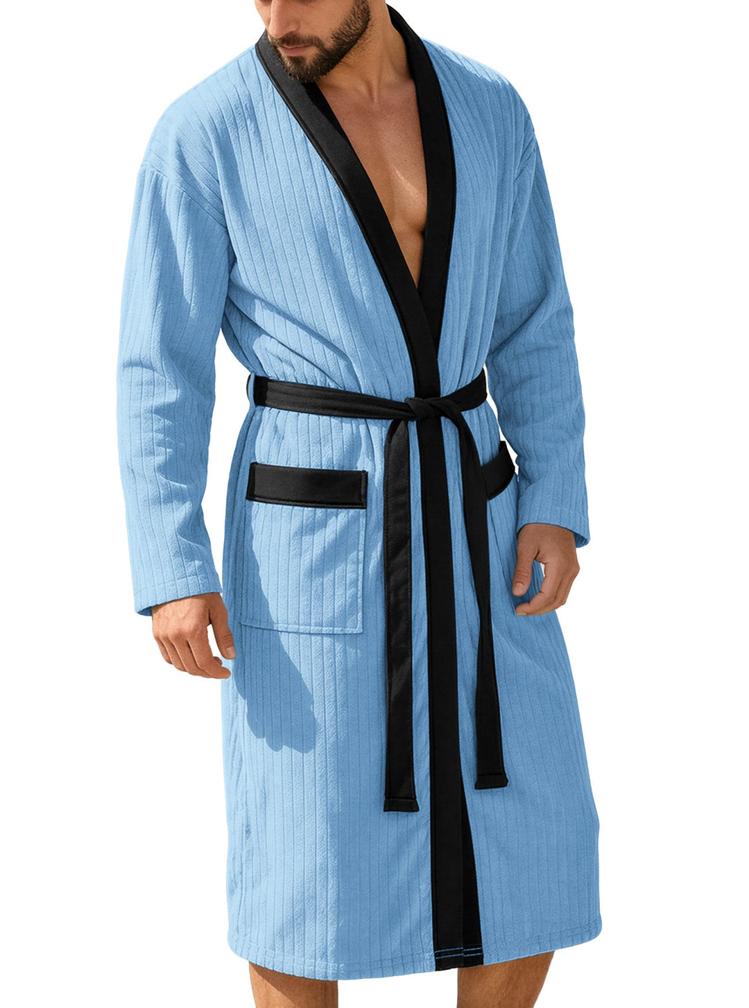 Herren nan wadenlanger Rippen-Bademantel im Kimono-Stil mit Schalkragen und Kontrastpaspel Drune