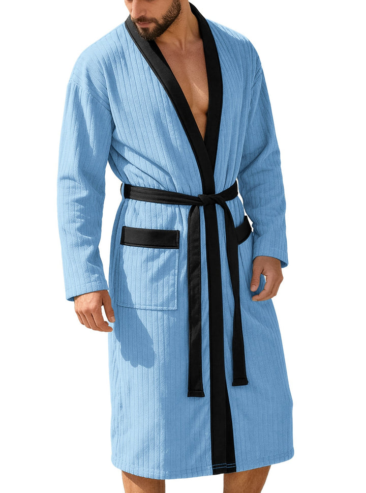 Herren nan wadenlanger Rippen-Bademantel im Kimono-Stil mit Schalkragen und Kontrastpaspel Drune