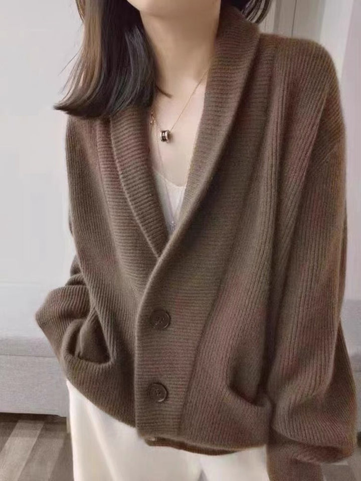 Damen Gemütlicher Strickcardigan mit breitem Revers und Taschen Drune