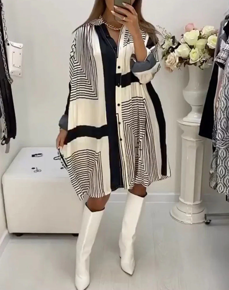 Damen nan knieumspielendes A-Linien-Hemdblusenkleid mit grafischem Linienprint, verdeckter Knopfleiste und oversized Manschetten Drune