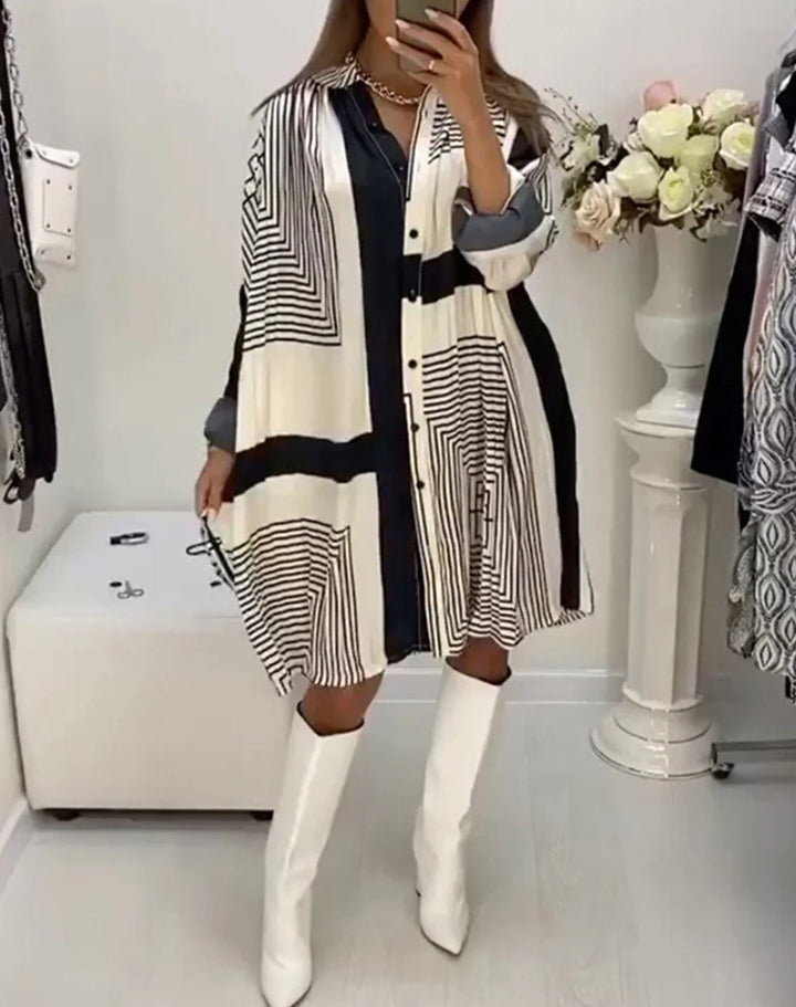 Damen nan knieumspielendes A-Linien-Hemdblusenkleid mit grafischem Linienprint, verdeckter Knopfleiste und oversized Manschetten Drune