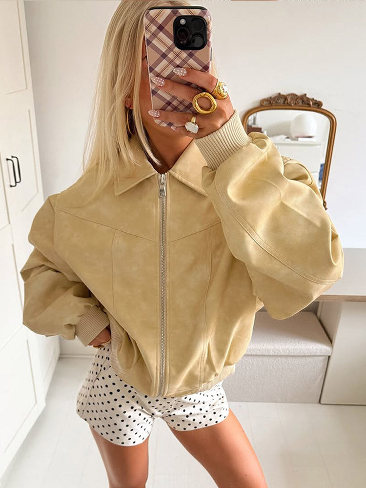 Damen Kurz geschnittener Oversize-Bomber in Veloursleder-Optik mit durchgehendem Reißverschluss & Rippbündchen Drune
