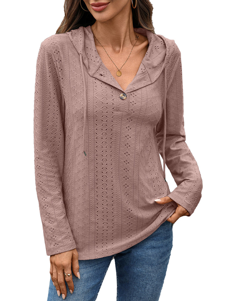 Damen Blusenshirt mit feinem Lochmuster und Kapuze Drune