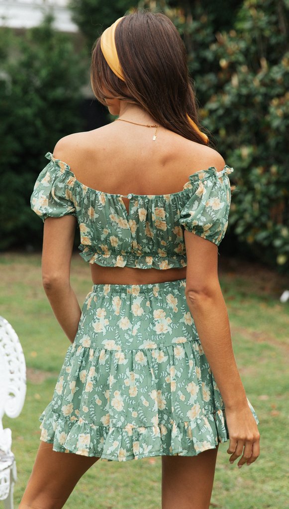 Damen Zweiteiliges Outfit mit voluminösen Rüschen und floralem Design Drune