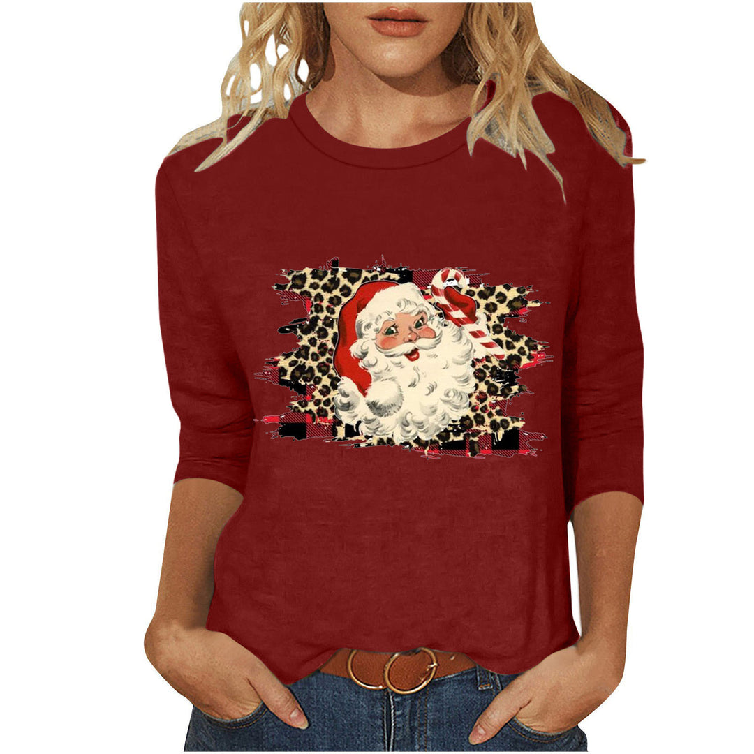 Damen nan lässiges Sweatshirt mit Retro-Weihnachtsmann-Print, Leoparden- und Karomuster und dreiviertelärmel Drune