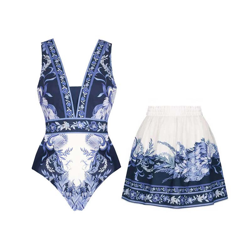 Damen Einteiler Badeanzug mit floralem Design und V-Ausschnitt Drune