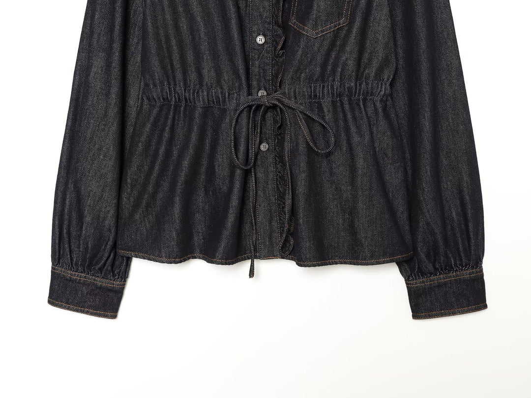 Damen Jeansbluse mit Rüschenleiste, Tunnelzug‑Taille und Manschettenärmel Drune