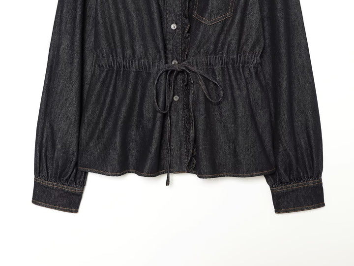 Damen Jeansbluse mit Rüschenleiste, Tunnelzug‑Taille und Manschettenärmel Drune