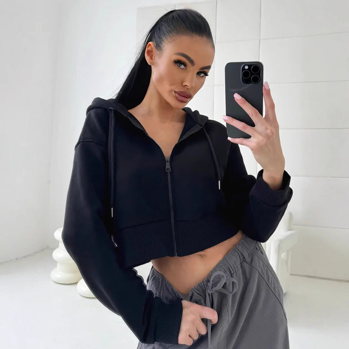 Damen Cropped Kapuzenjacke mit kurzem Reißverschluss und breitem Rippbund Drune