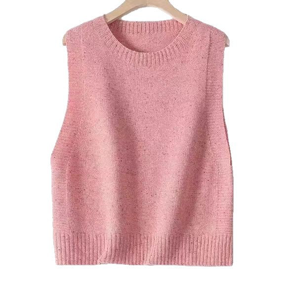 Damen Gestrickte Oversize-Ärmellose Weste mit Rundhalsausschnitt und Rippbündchen Drune
