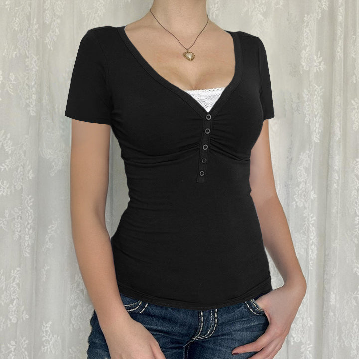 Damen figurbetontes Kurzarmshirt mit V-Ausschnitt Drune