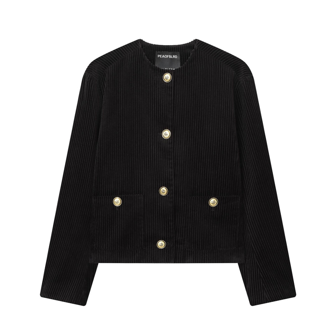 Damen nan kurze Cordjacke mit feiner Breitcord-Struktur, Rundhals und goldenen Zierknöpfen Drune